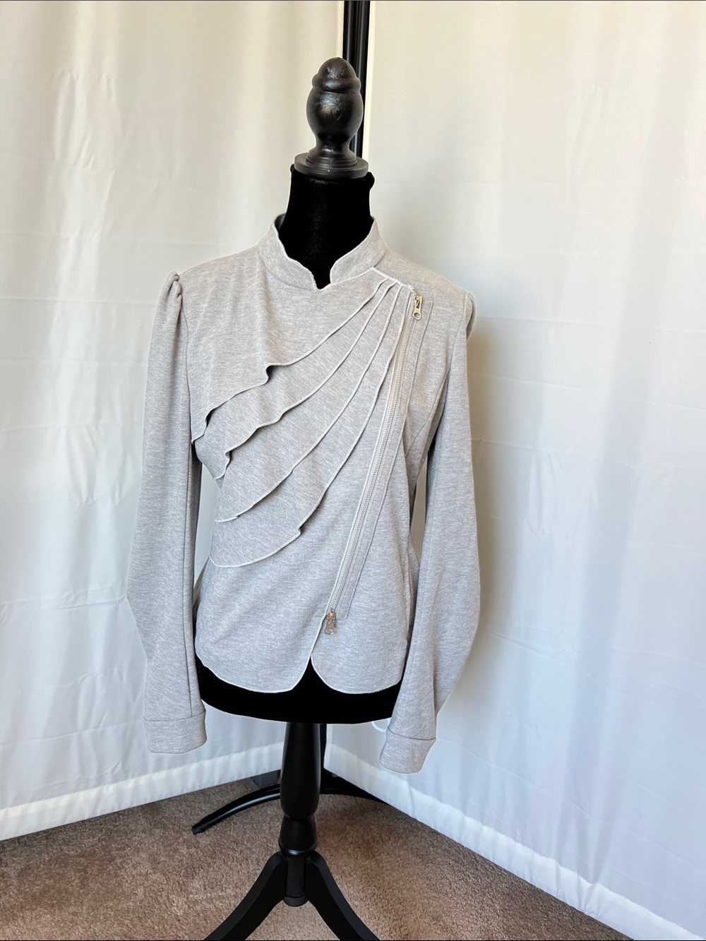 Katherine Barclay Gray Asymmetrical Zip Jacket with Ruffles